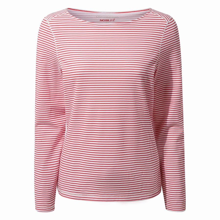 T Shirts Craghoppers NosiLife Erin Long Sleeved Rouge Stripes Femme | ACM-2798669