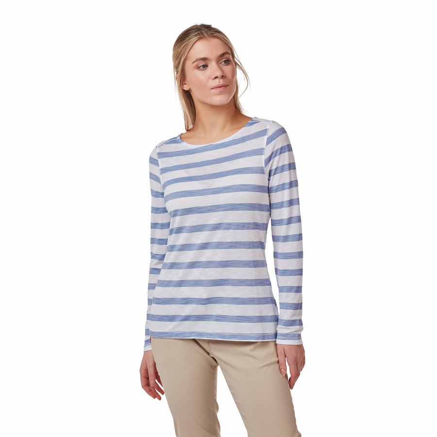 T Shirts Craghoppers NosiLife Erin Long Sleeved Bleu Stripes Femme | KSY-3814144