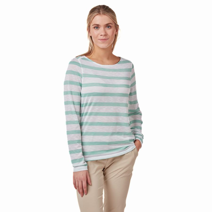 T Shirts Craghoppers NosiLife Erin Long Sleeved Turquoise Stripes Femme | MVB-0158883