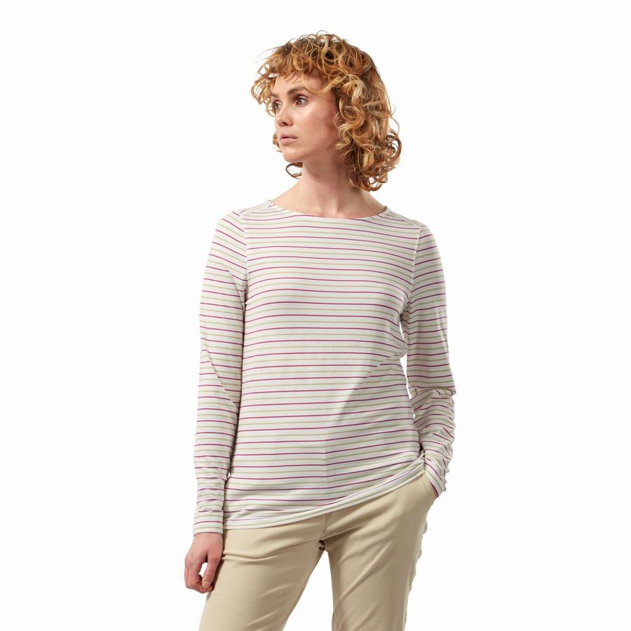 T Shirts Craghoppers NosiLife Erin Long Sleeved Vert Clair Stripes Femme | LLG-1643872