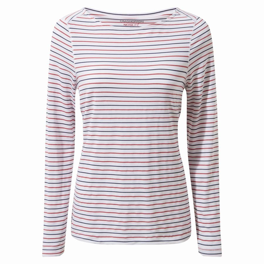 T Shirts Craghoppers NosiLife Erin Long Sleeved Bleu Bleu Marine Rouge Stripes Femme | PYD-5139368