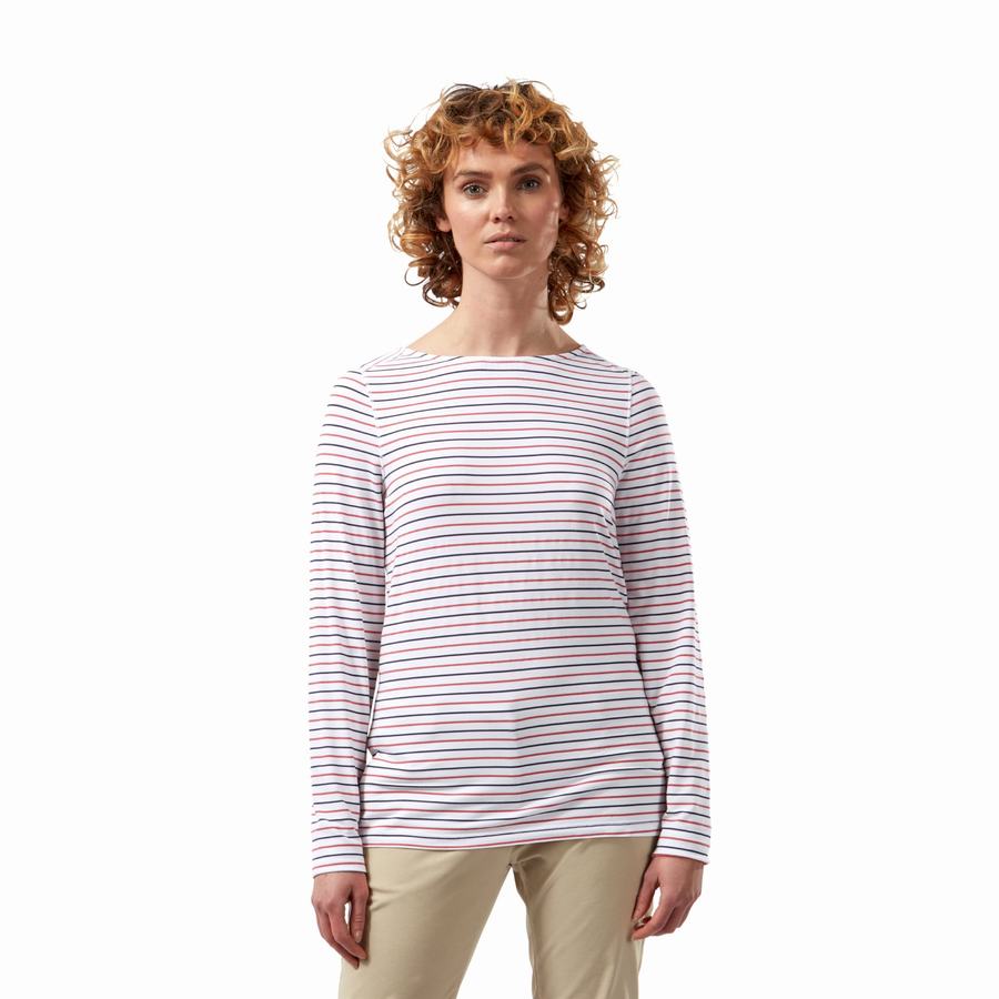 T Shirts Craghoppers NosiLife Erin Long Sleeved Bleu Bleu Marine Rouge Stripes Femme | PYD-5139368