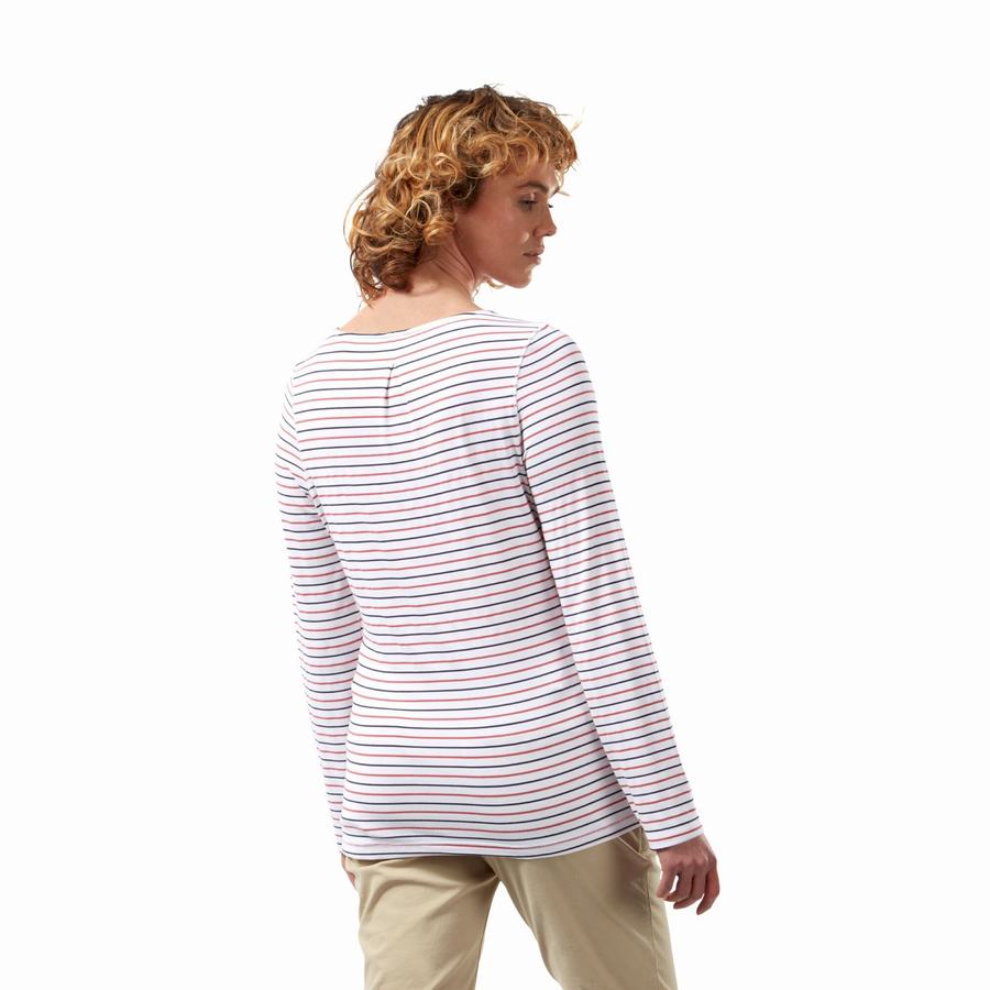 T Shirts Craghoppers NosiLife Erin Long Sleeved Bleu Bleu Marine Rouge Stripes Femme | PYD-5139368