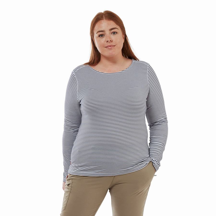 T Shirts Craghoppers NosiLife Erin Long Sleeved Bleu Bleu Marine Stripes Femme | PNX-1367888