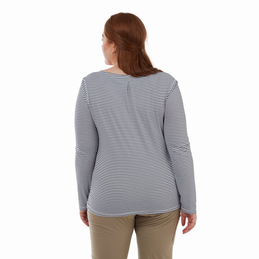 T Shirts Craghoppers NosiLife Erin Long Sleeved Bleu Bleu Marine Stripes Femme | PNX-1367888