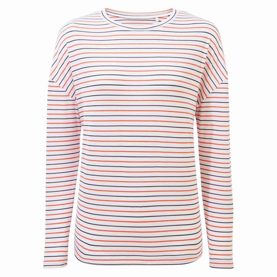 T Shirts Craghoppers NosiLife Cora Long Sleeved Bleu Bleu Marine Orange Stripes Femme | ZON-4959155