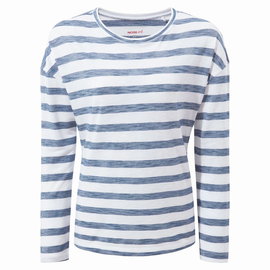 T Shirts Craghoppers NosiLife Cora Long Sleeved Bleu Stripes Femme | QUN-1550279