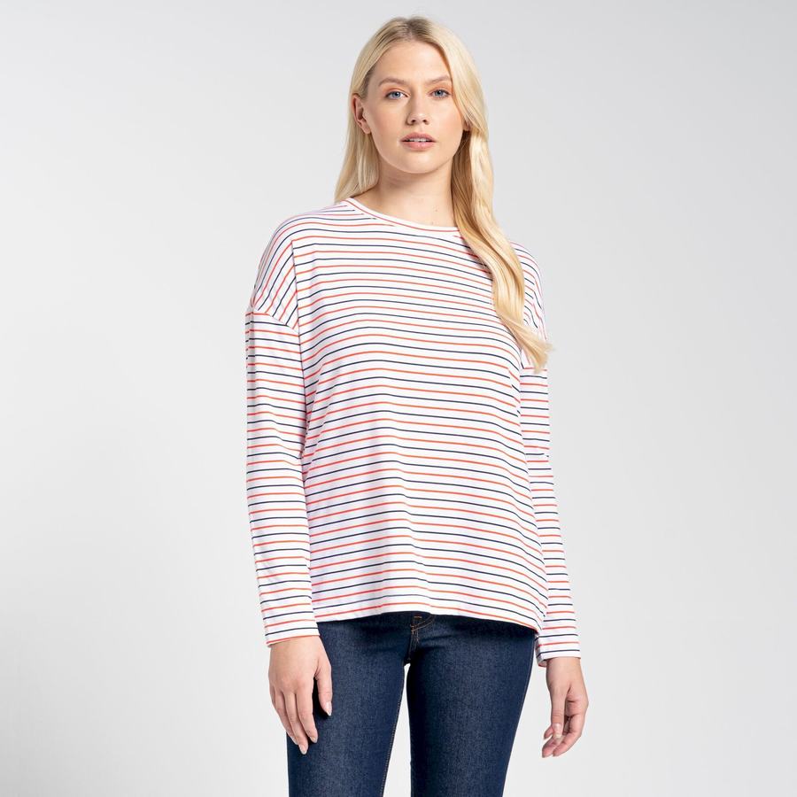 T Shirts Craghoppers NosiLife Cora Long Sleeved Bleu Bleu Marine Orange Stripes Femme | ZON-4959155