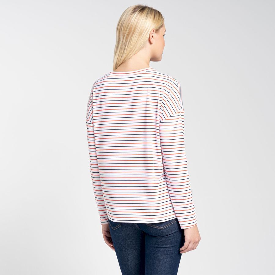 T Shirts Craghoppers NosiLife Cora Long Sleeved Bleu Bleu Marine Orange Stripes Femme | ZON-4959155