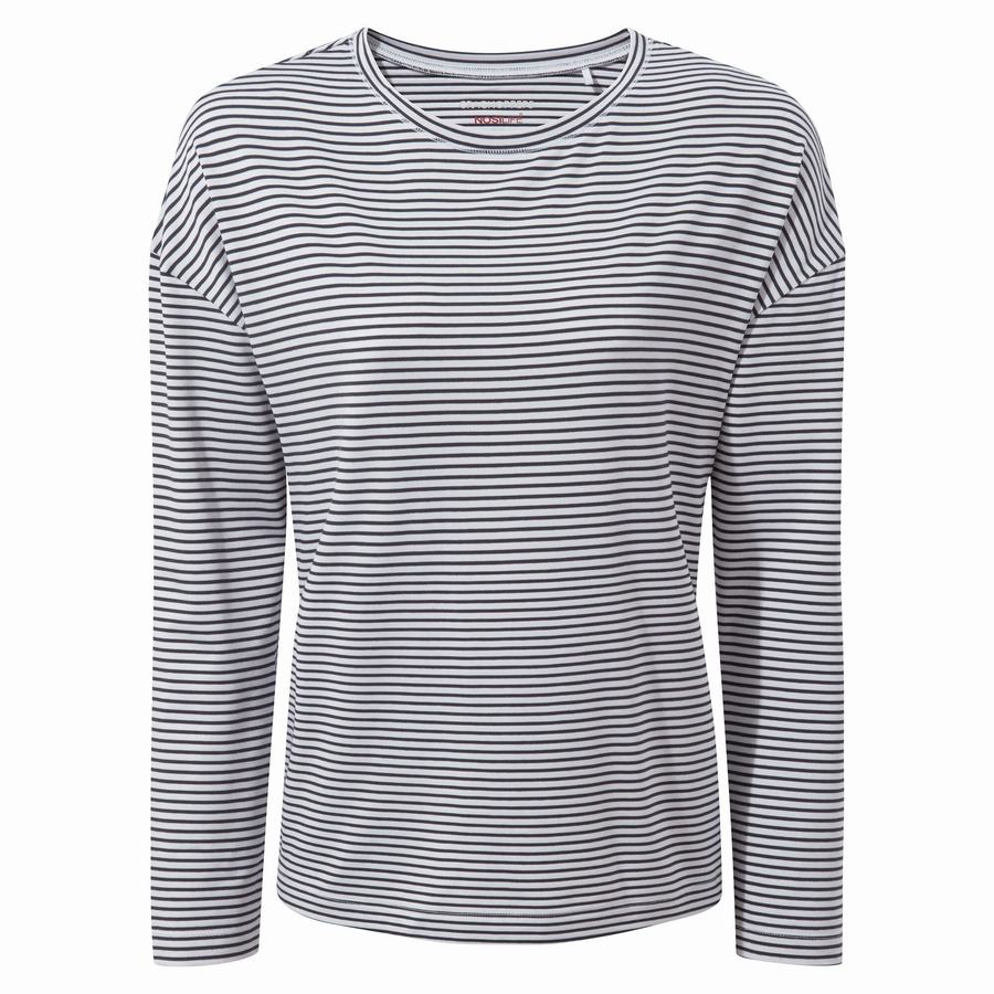 T Shirts Craghoppers NosiLife Cora Long Sleeved Bleu Bleu Marine Stripes Femme | CFD-4817230