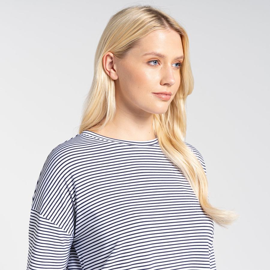 T Shirts Craghoppers NosiLife Cora Long Sleeved Bleu Bleu Marine Stripes Femme | CFD-4817230