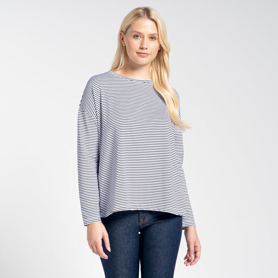 T Shirts Craghoppers NosiLife Cora Long Sleeved Bleu Bleu Marine Stripes Femme | CFD-4817230