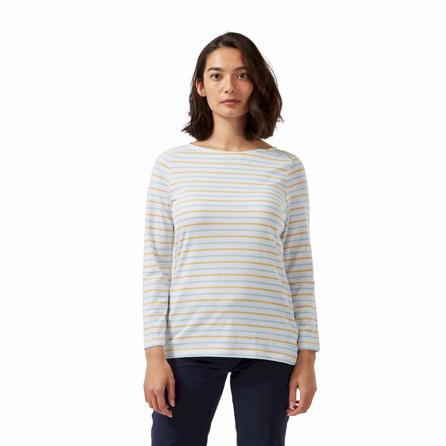 T Shirts Craghoppers Blanca 3/4 Sleeved Top Bleu Jaune Stripes Femme | MPA-9772289