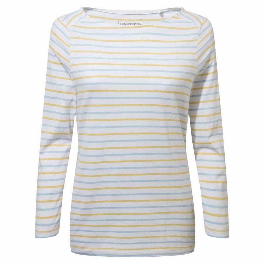 T Shirts Craghoppers Blanca 3/4 Sleeved Top Bleu Jaune Stripes Femme | MPA-9772289