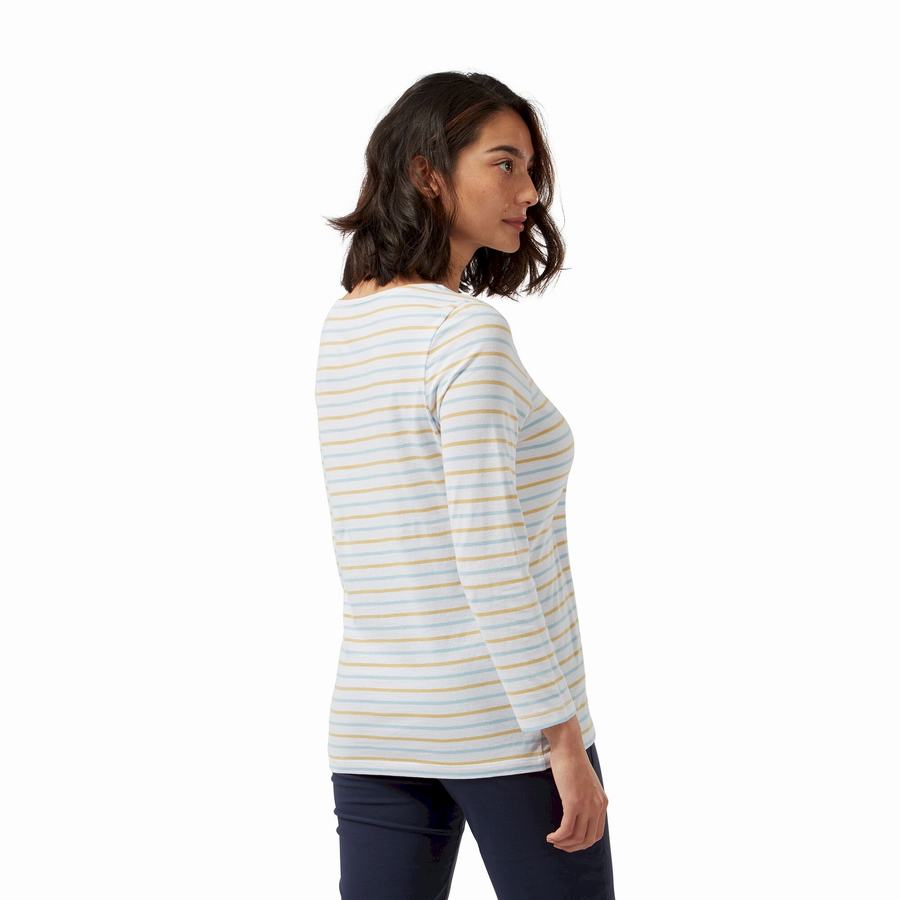 T Shirts Craghoppers Blanca 3/4 Sleeved Top Bleu Jaune Stripes Femme | MPA-9772289