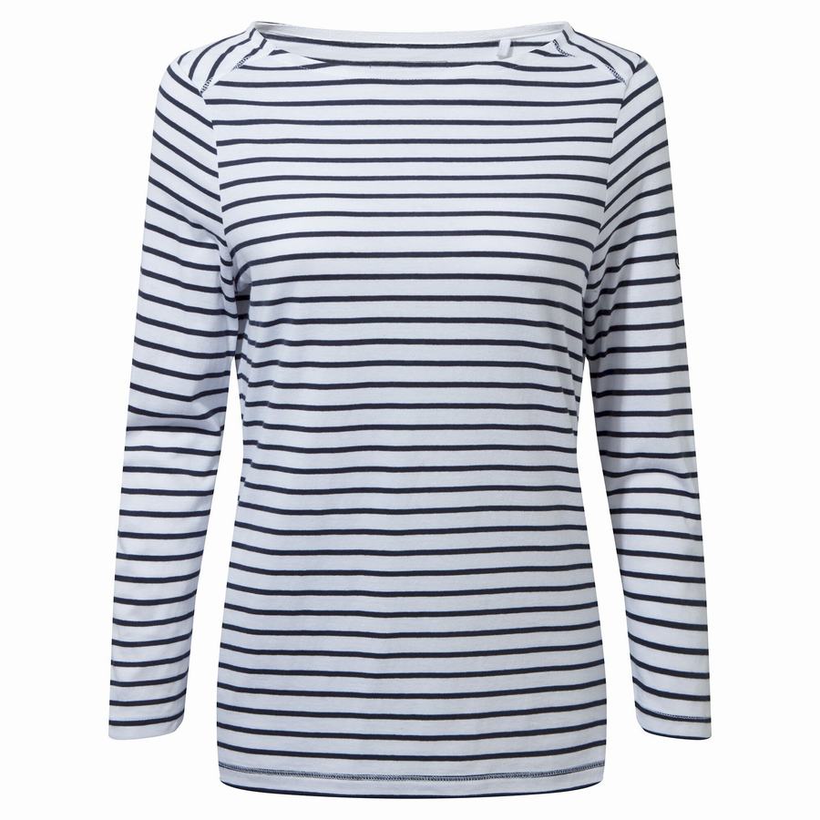 T Shirts Craghoppers Blanca 3/4 Sleeved Top Bleu Bleu Marine Blanche Stripes Femme | RVF-8120669