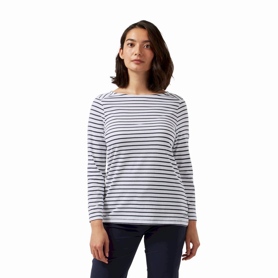 T Shirts Craghoppers Blanca 3/4 Sleeved Top Bleu Bleu Marine Blanche Stripes Femme | RVF-8120669