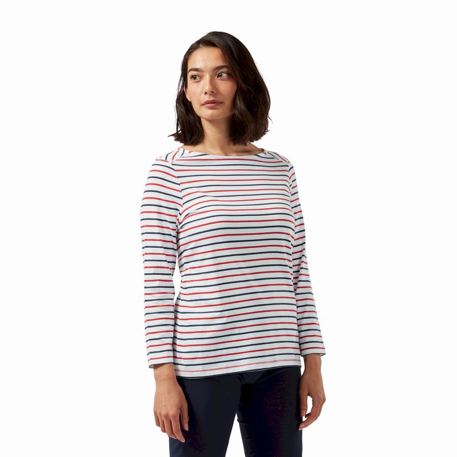 T Shirts Craghoppers Blanca 3/4 Sleeved Top Bleu Bleu Marine Rouge Stripes Femme | TVX-5826214