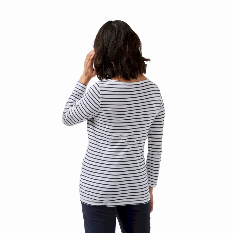 T Shirts Craghoppers Blanca 3/4 Sleeved Top Bleu Bleu Marine Blanche Stripes Femme | RVF-8120669